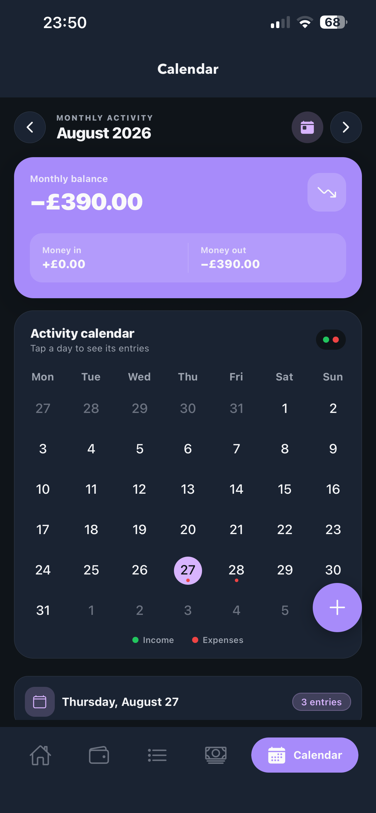 Cherry calendar screen showing monthly money activity