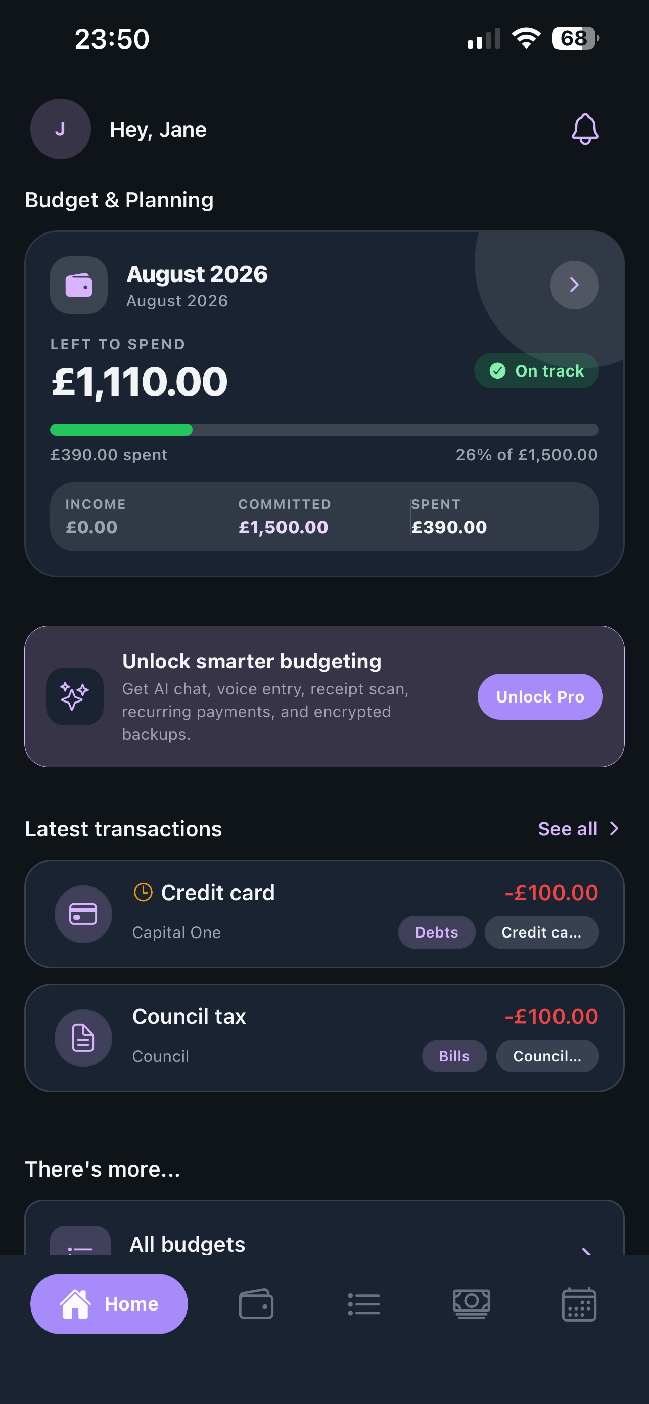 Cherry home screen showing money left to spend and recent transactions