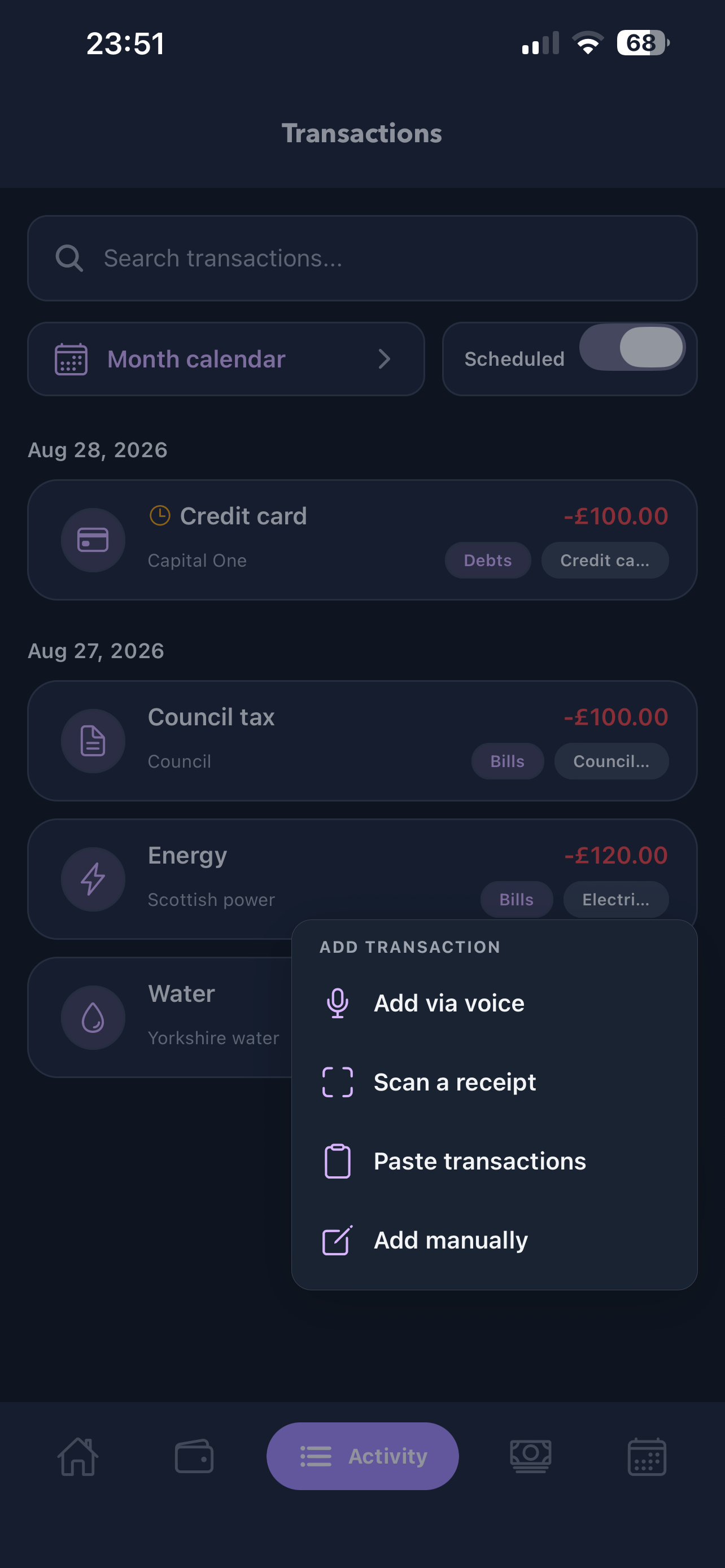 Cherry transactions screen showing quick entry options